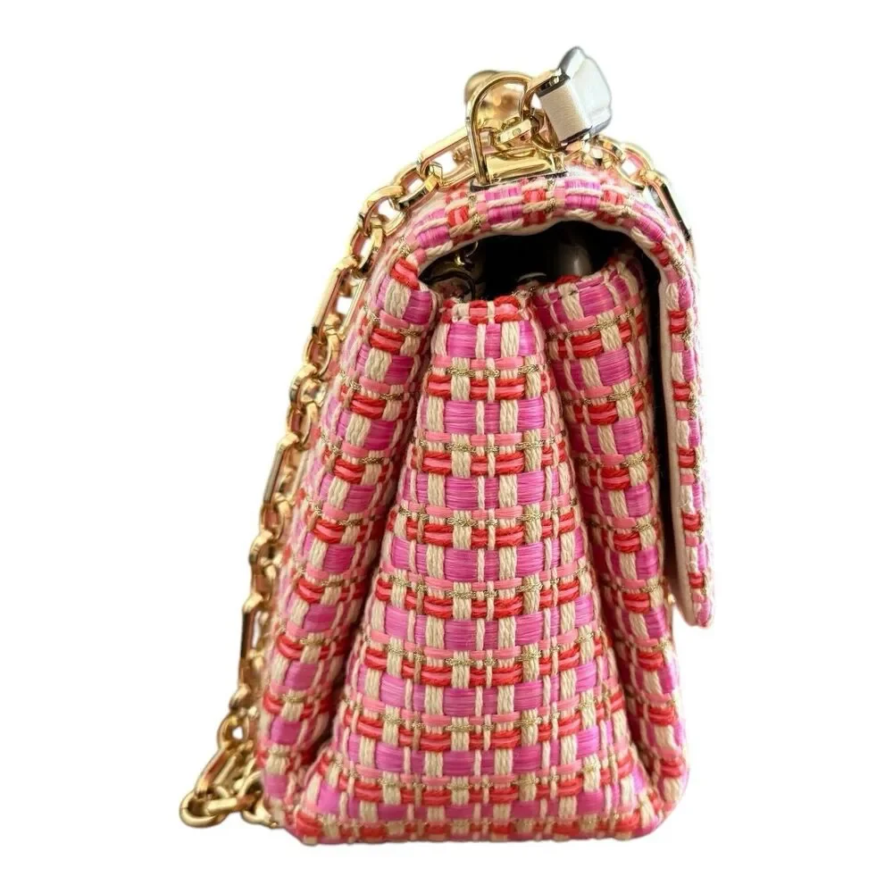 Kate Spade Carlyle Raffia Tweed Medium Shoulder Bag Chain Strap Pink